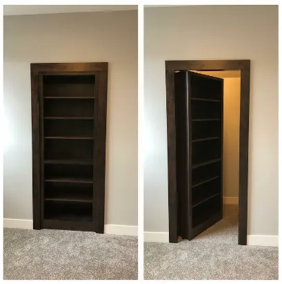 Dark stained bookcase door shown closed and open, revealing hidden room