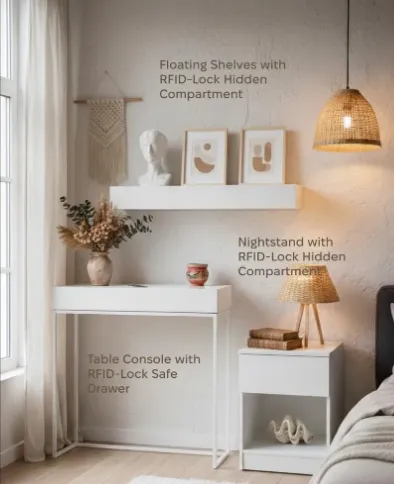 RFID concealment furniture suite — floating shelf, console table, and nightstand