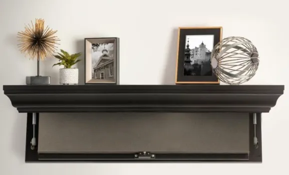 Black floating shelf with concealed compartment partially open