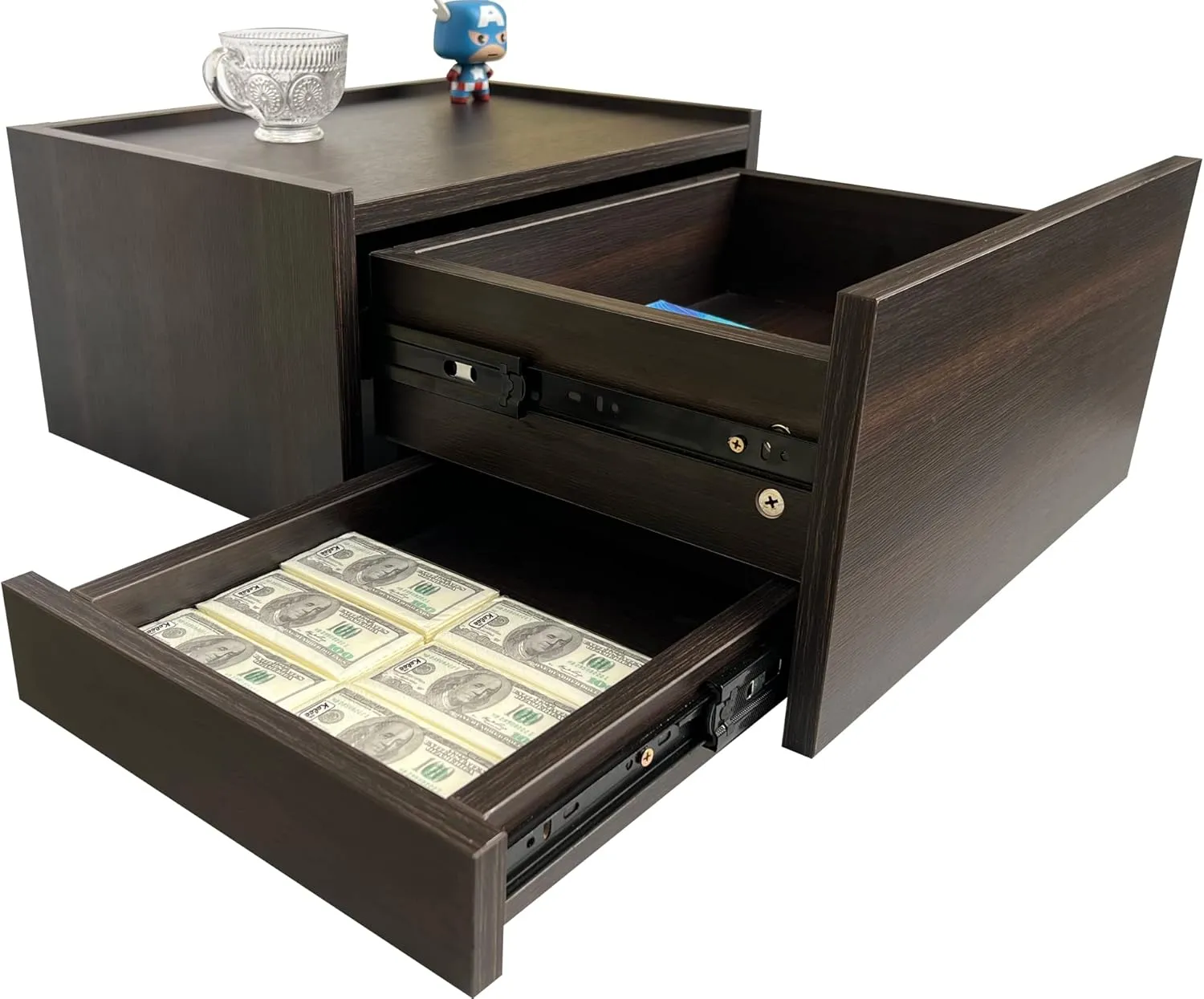 The Vigil with the drawer at full extension and the concealed tray slid out sideways from beneath it
